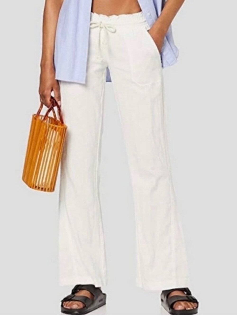 Roxy Oceanside Pants Size Large Linen Blend Flare Leg Pull On Beach Trip Cottage